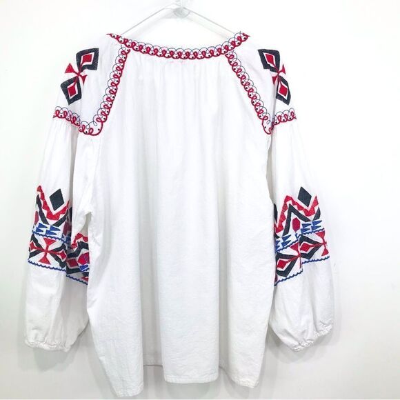 Cato White Cotton Black Red Blue Ethnic Embroidered Button Up Peasant Blouse - Picture 8 of 15